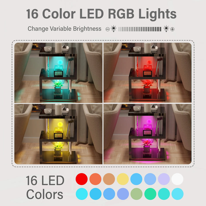 [Black] RGB LED color options for black high gloss end table, offering 16 lighting modes with adjustable brightness.