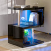 [Black] Black high gloss sofa side table with blue LED glow on lower shelf and stainless poles between three tiers