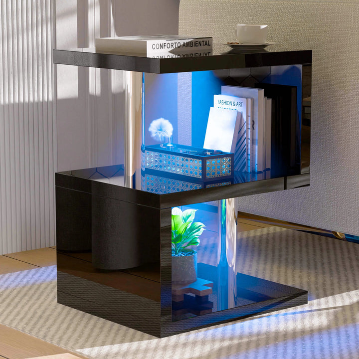 [Black] Black high gloss sofa side table with blue LED glow on lower shelf and stainless poles between three tiers