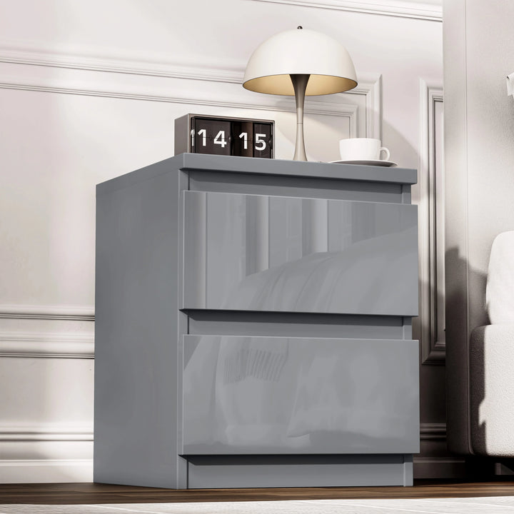 [Gray] nightstand with digital clock and lamp in a bedroom setting