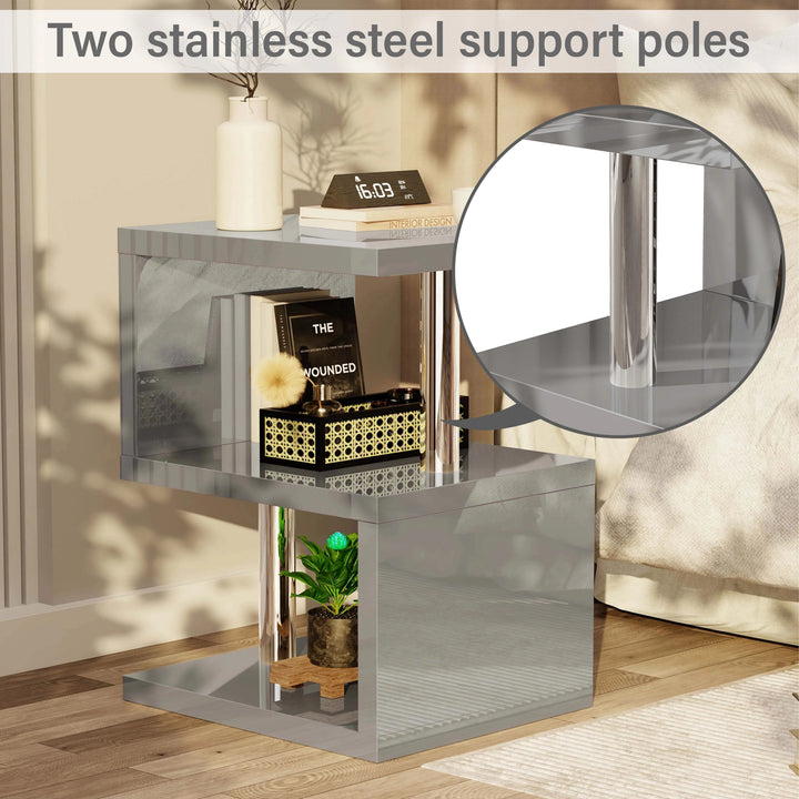 [Grey] Grey sofa side table cropped view focusing on twin stainless steel poles between high gloss shelves