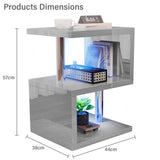 [Grey] Dimensions of grey high gloss LED side table: 57cm tall, 44cm wide, and 38cm deep, suitable for small room layouts.