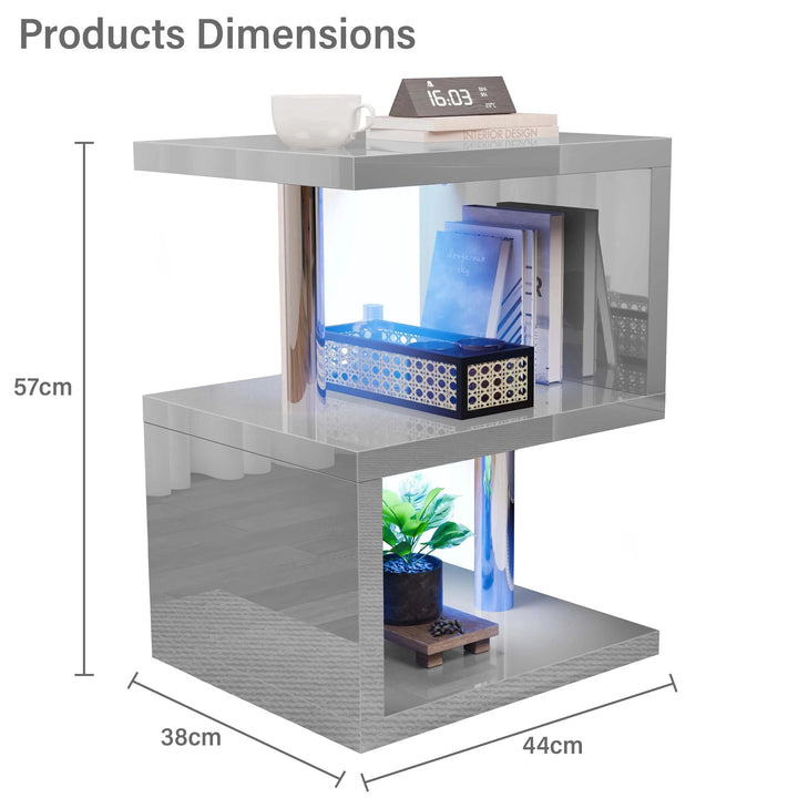 [Grey] Dimensions of grey high gloss LED side table: 57cm tall, 44cm wide, and 38cm deep, suitable for small room layouts.
