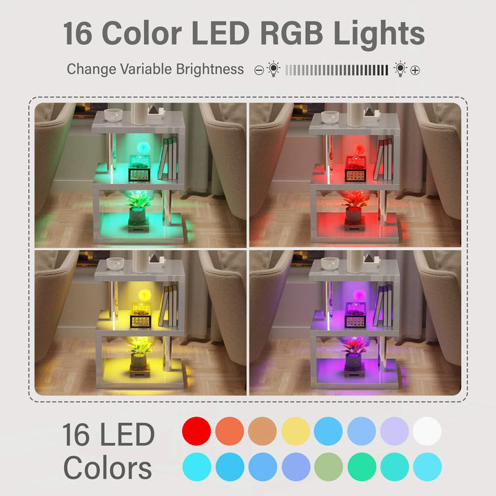 [Grey] RGB LED lighting options for grey high gloss end table, showcasing 16 color modes and adjustable brightness settings.