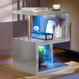 [Grey] Grey high gloss sofa side table with blue LED glow on lower shelf and stainless poles between three tiers