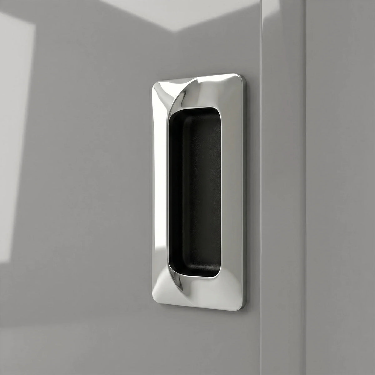 [High Gloss Grey] Torvek wardrobe close-up of polished chrome recessed flush handle on high gloss grey door panel