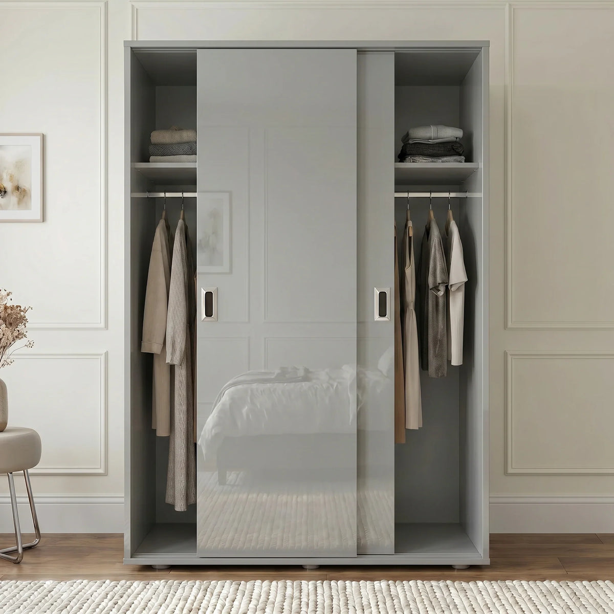 [High Gloss Grey] Modern wardrobe with sliding doors in a bedroom setting