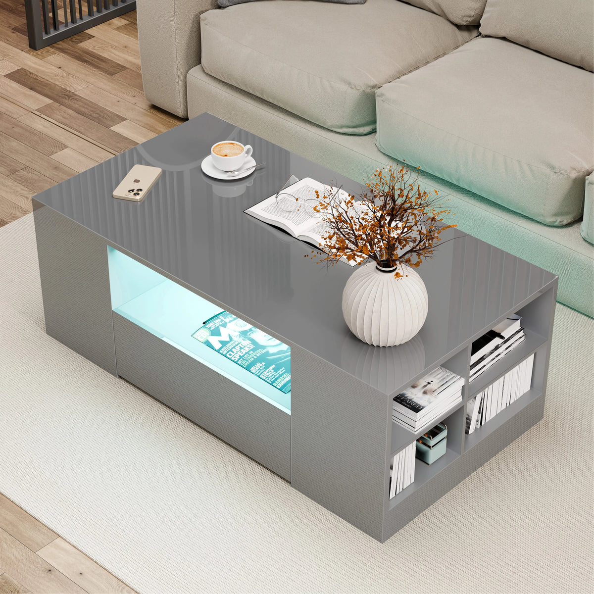 [Grey] Grey High Gloss Coffee Table with LED Lights Storage Drawers angled with vase and coffee cup on top
