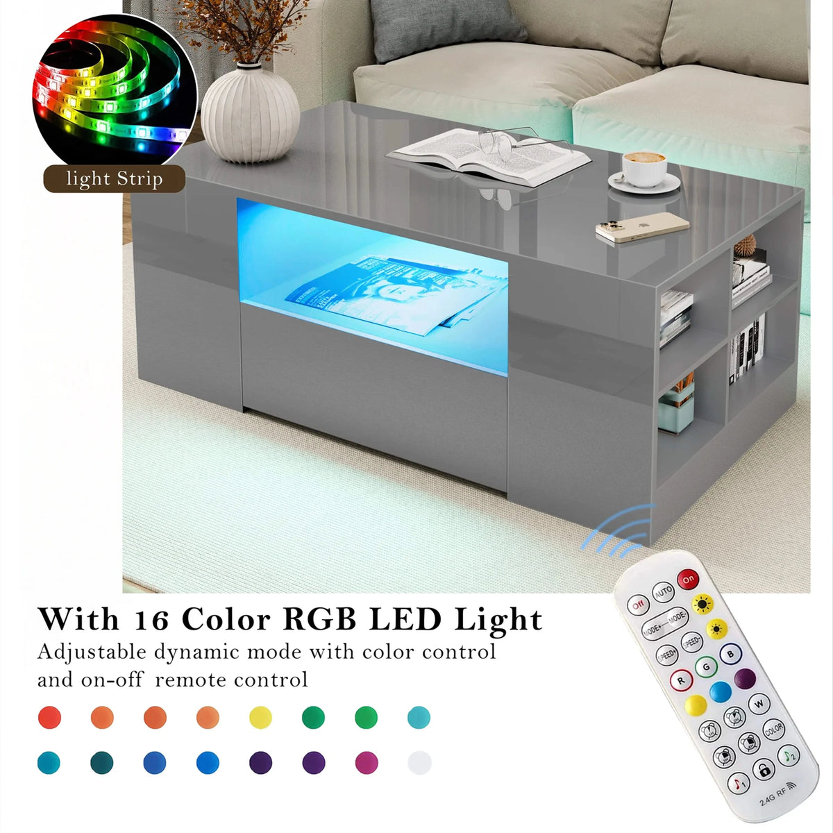 [Grey] Grey coffee table with blue LED on plus side panel showing RGB colour swatches and remote