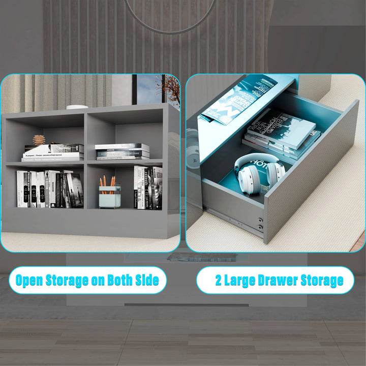 [Grey] Split panel of grey gloss coffee table showing open storage on both sides and 2 large drawer storage