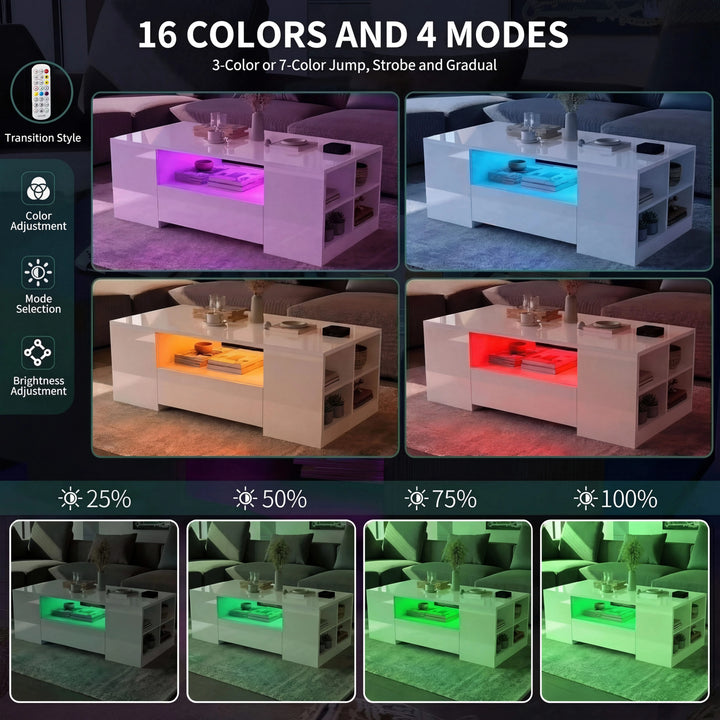 [White] White gloss coffee table shown with four LED colour modes and four brightness steps