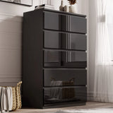 [Black] Black high gloss tall chest of drawers reflecting light from window across all five fronts