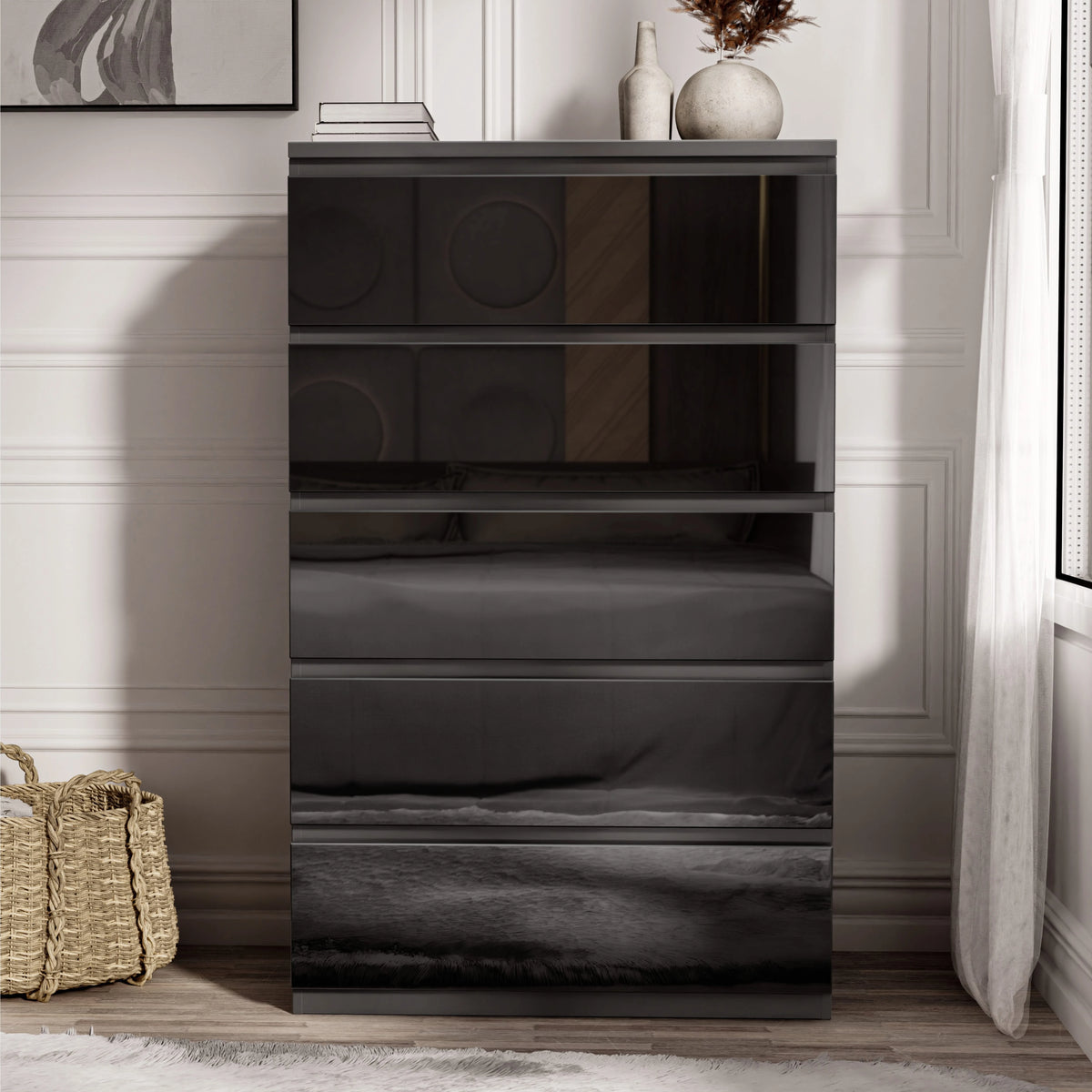 [Black] Front view high gloss tall chest of drawers in black with reflections across five drawers
