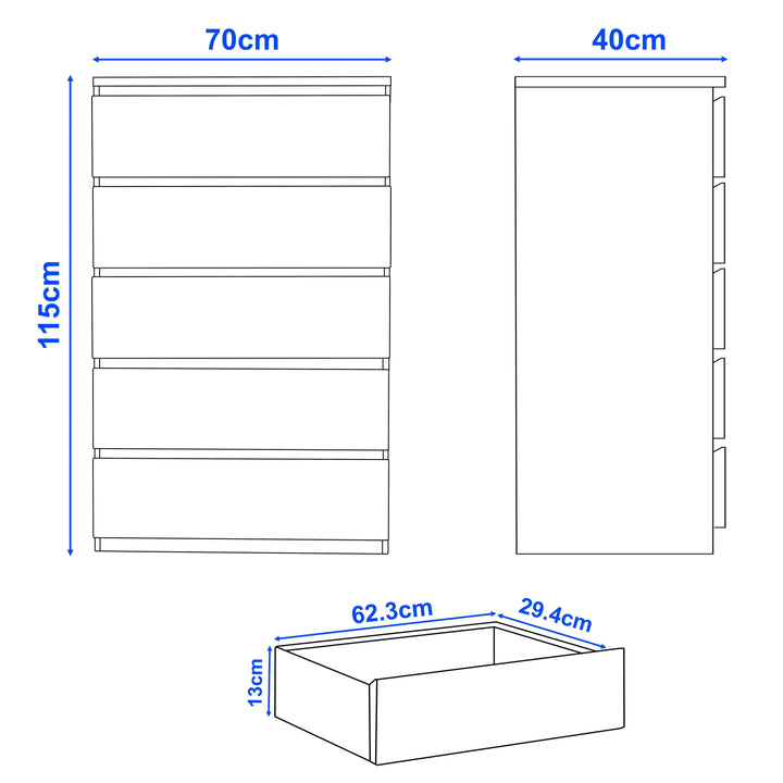 [White] High gloss tall chest of drawers dimensions schematic 70 x 40 x 115 cm with drawer 62.3 x 29.4 x 13