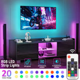 [Black] marketing graphic for black gloss LED TV cabinet listing 10 speed, 19 dynamic and 5 brightness modes