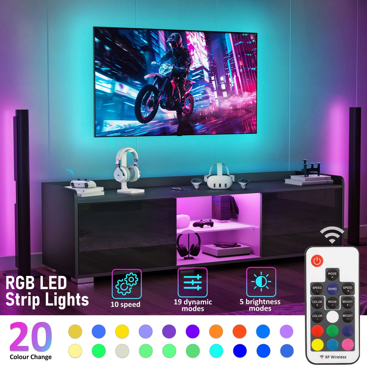 [Black] marketing graphic for black gloss LED TV cabinet listing 10 speed, 19 dynamic and 5 brightness modes