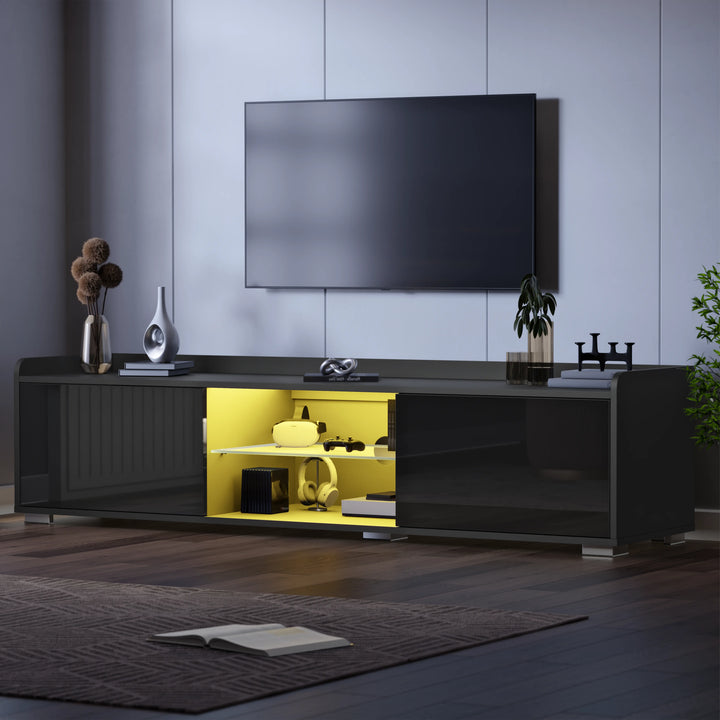 [Black] Yellow LED setting on black high gloss TV unit, two closed cabinets, lit centre shelf