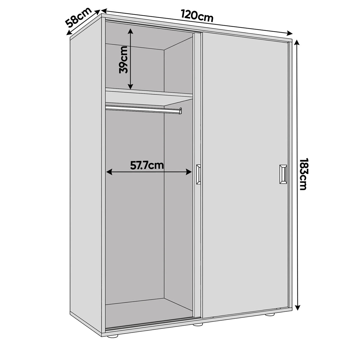 [High Gloss White] Torvek wardrobe dimension diagram showing 120cm width, 183cm height, 58cm depth and 57.7cm rail