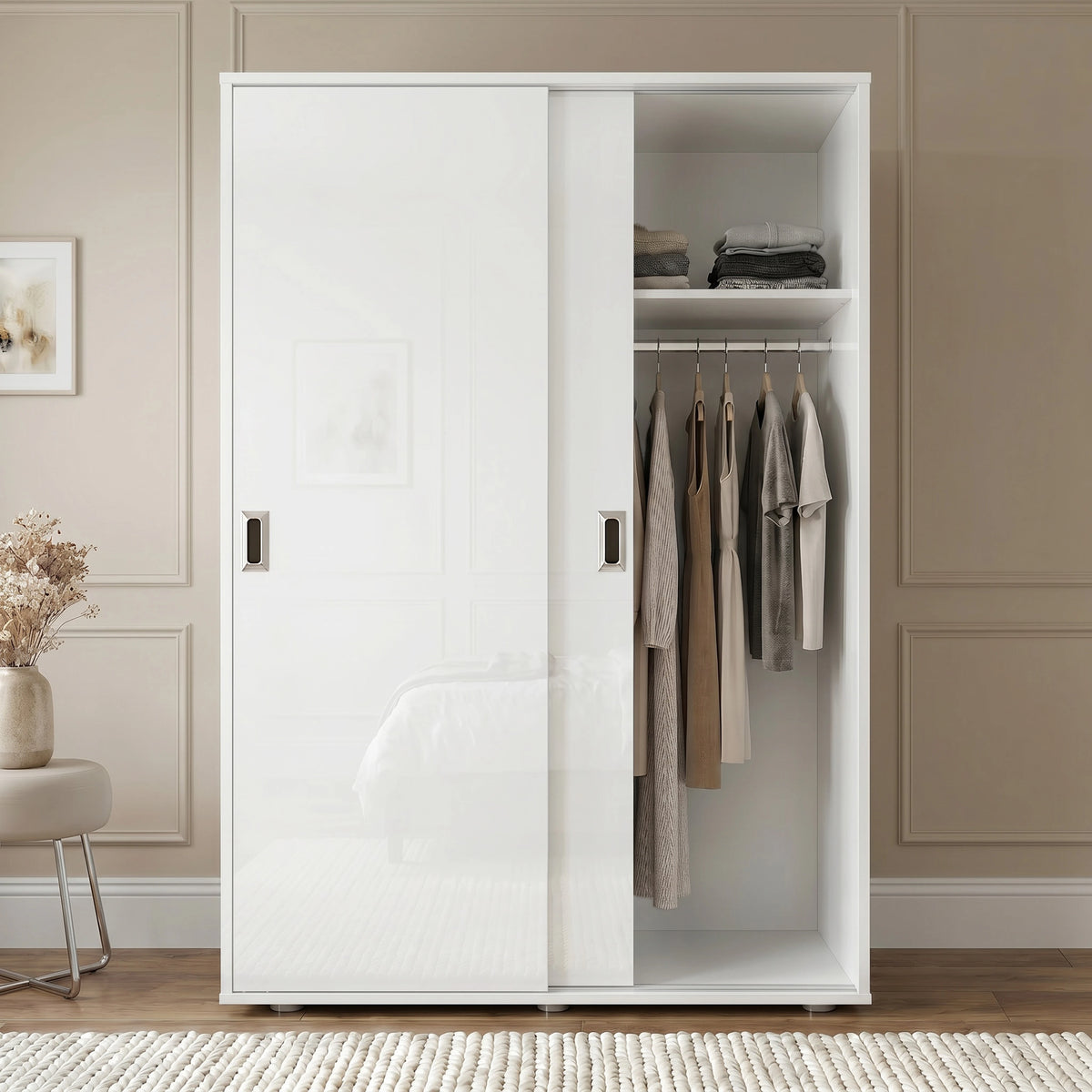 [High Gloss White] Torvek gloss wardrobe one door open showing hanging jackets, folded shelf items and rolled bedding