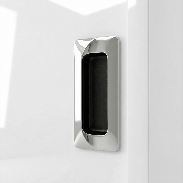[High Gloss White] Torvek wardrobe close-up of polished chrome recessed flush handle on high gloss white door