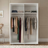 [High Gloss White] Torvek wardrobe both doors open showing full interior with hanging clothes, upper shelves and baskets