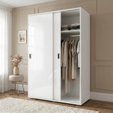 [High Gloss White] Torvek sliding wardrobe angled view with reflective gloss panel doors in bedroom