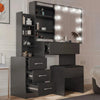 [Black] Three-quarter shot of black Hollywood mirror dressing table, drawer block on left and desktop drawer above