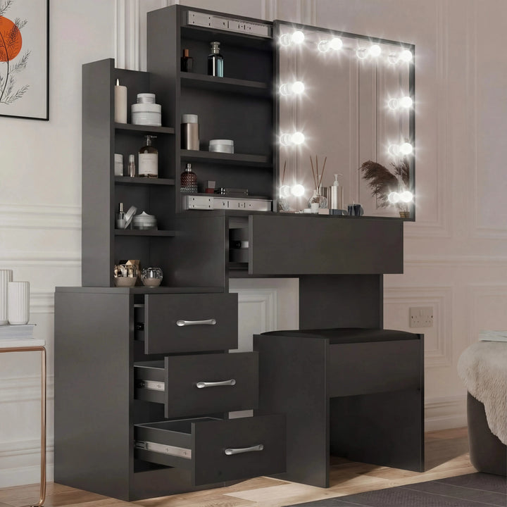 [Black] Three-quarter shot of black Hollywood mirror dressing table, drawer block on left and desktop drawer above