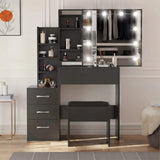 [Black] Three-quarter shot of black Hollywood mirror dressing table, lit LED bulbs framing the central mirror