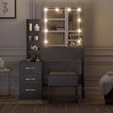 [Black Marble] Front-on view of black marble Hollywood mirror dressing table with LED-bordered mirror and stool
