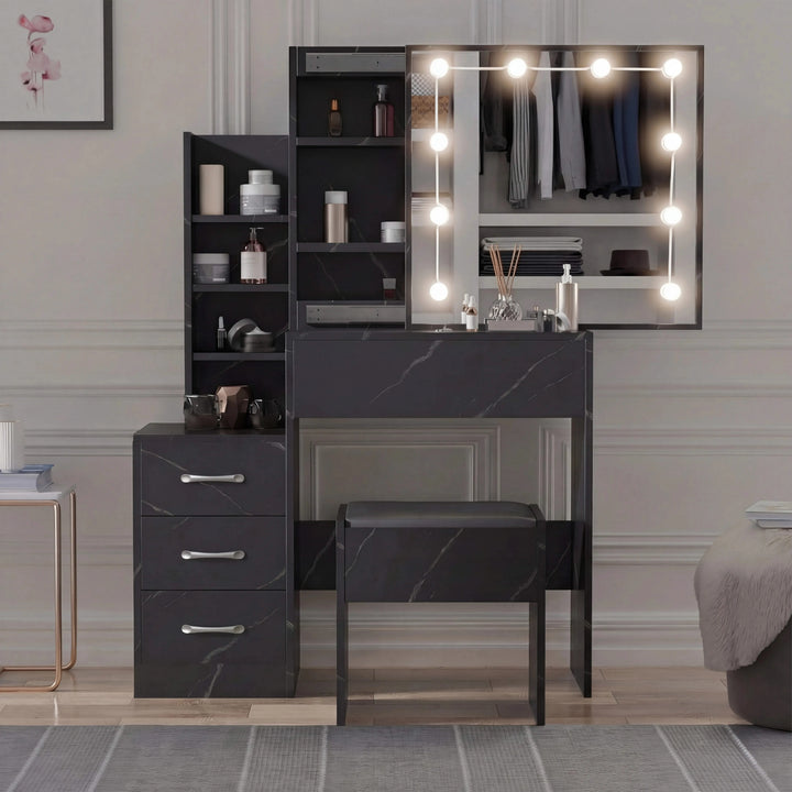 [Black Marble] Three-quarter shot of black marble Hollywood mirror dressing table, lit LED bulbs framing the mirror