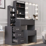 [Grey] Angled view of grey Hollywood mirror dressing table, drawers pulled open beside pink panelled wall