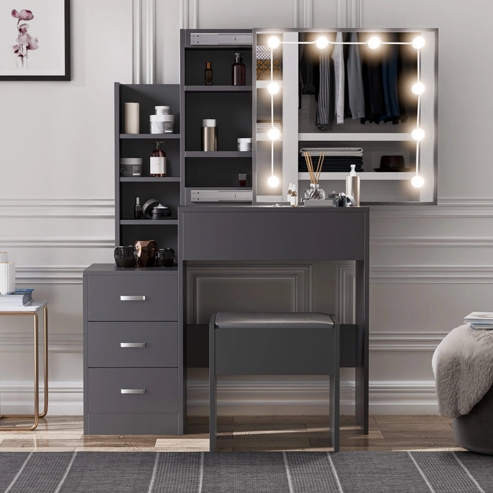 [Grey] Dark grey Hollywood mirror dressing table angled view with cushioned stool alongside the desktop