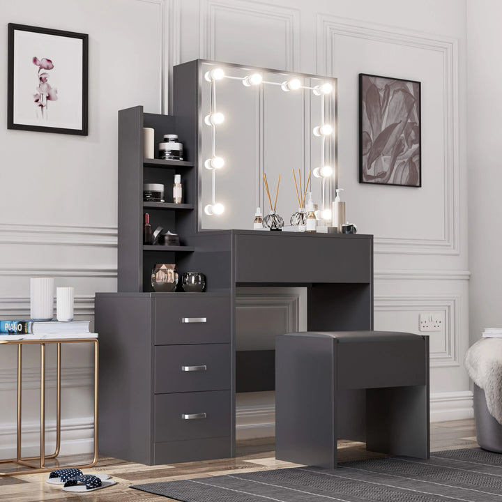 [Grey] Three-quarter shot of grey Hollywood mirror dressing table, gold bar handles on three side drawers