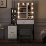 [Grey + Marble White] Two-tone grey and marble white Hollywood mirror dressing table photographed straight-on, mirror lit