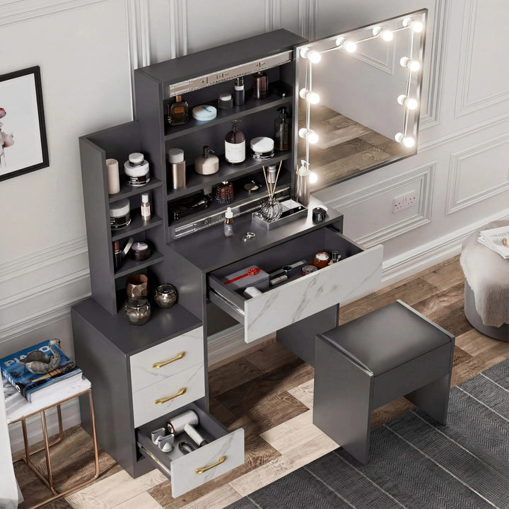[Grey + Marble White] Bird's eye view of grey and marble white Hollywood mirror dressing table with side drawers