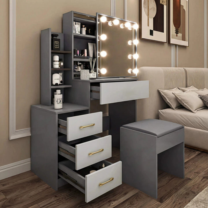 [Grey + Silver Grey] Two-tone grey and silver grey Hollywood mirror dressing table with LED mirror and cushioned stool