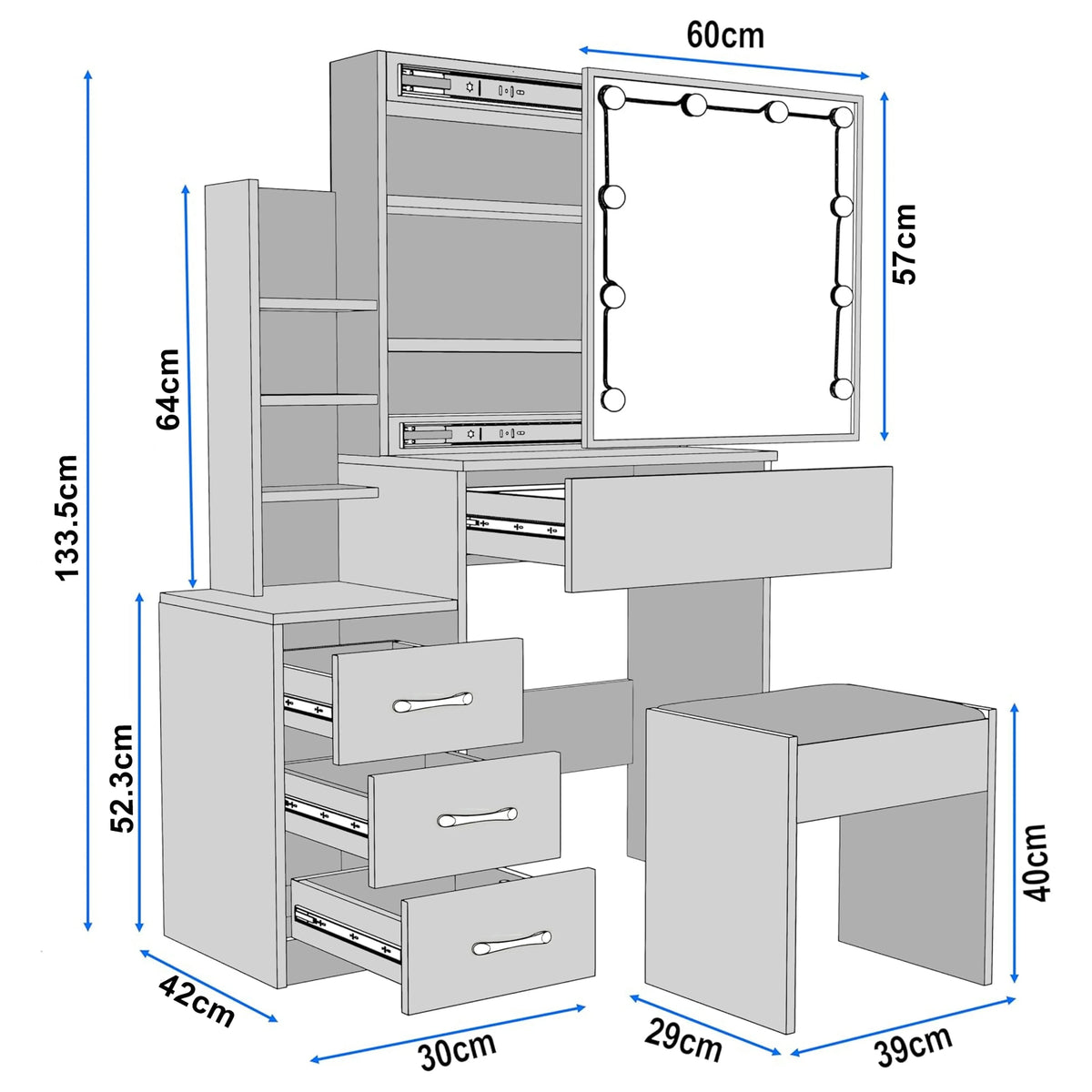 [Grey + Silver Grey] Hollywood mirror dressing table diagram: 133.5cm tall, 42cm deep, mirror 60x57cm, drawers 30x52.3cm