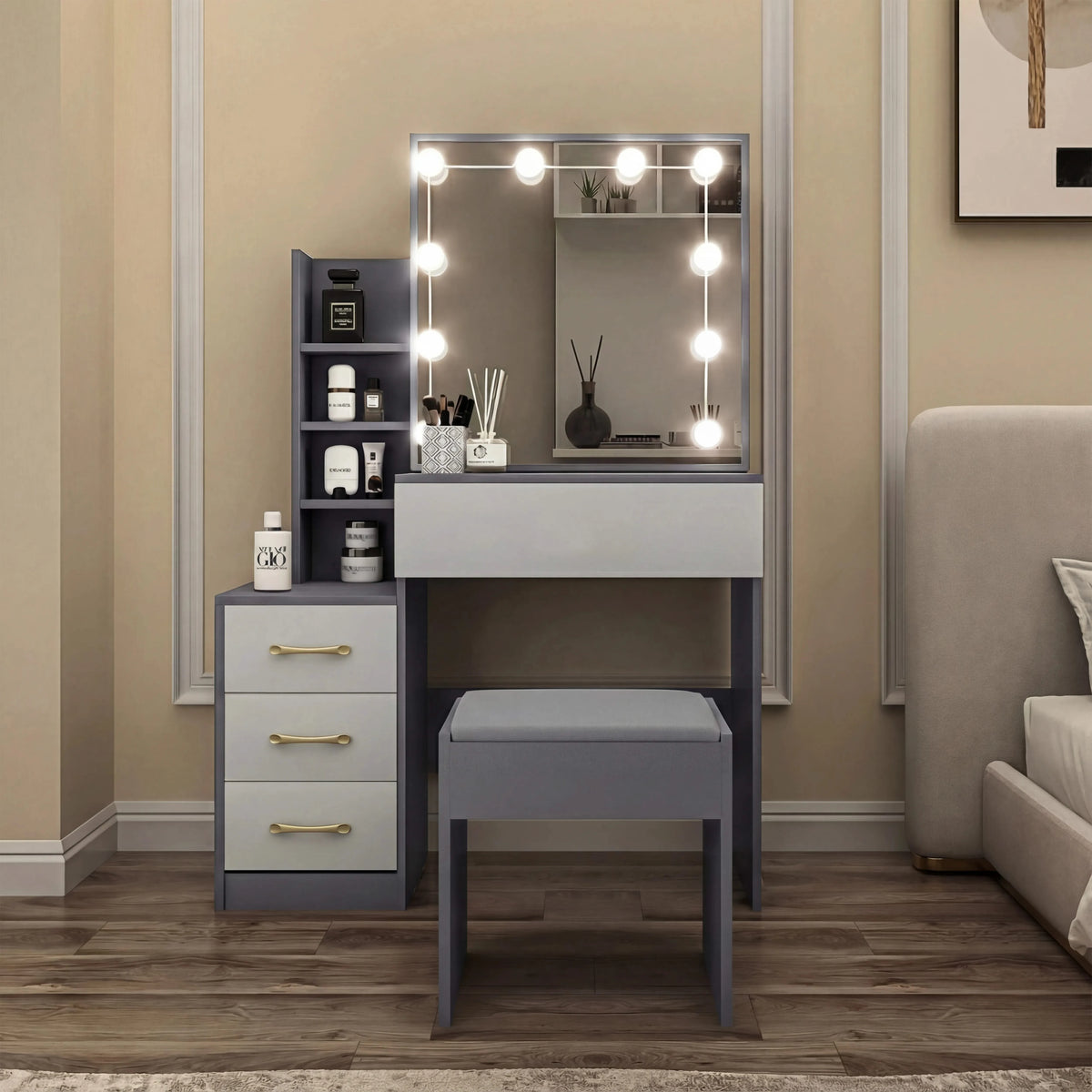 [Grey + Silver Grey] Studio front shot of grey and silver grey Hollywood mirror dressing table, three drawers and shelf tower