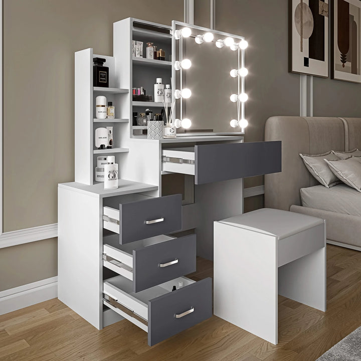 [White + Grey] Two-tone white frame and grey-front Hollywood mirror dressing table with cushioned stool and lit LED mirror
