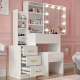 [White] Angled view of white Hollywood mirror dressing table with three open drawers showing gold bar handles
