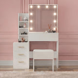 [White] Symmetrical front view of white Hollywood mirror dressing table with central desktop and stool to the side
