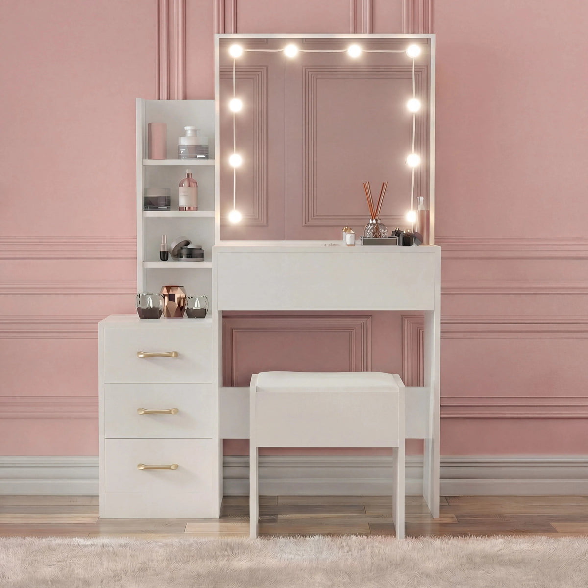 [White] Symmetrical front view of white Hollywood mirror dressing table with central desktop and stool to the side