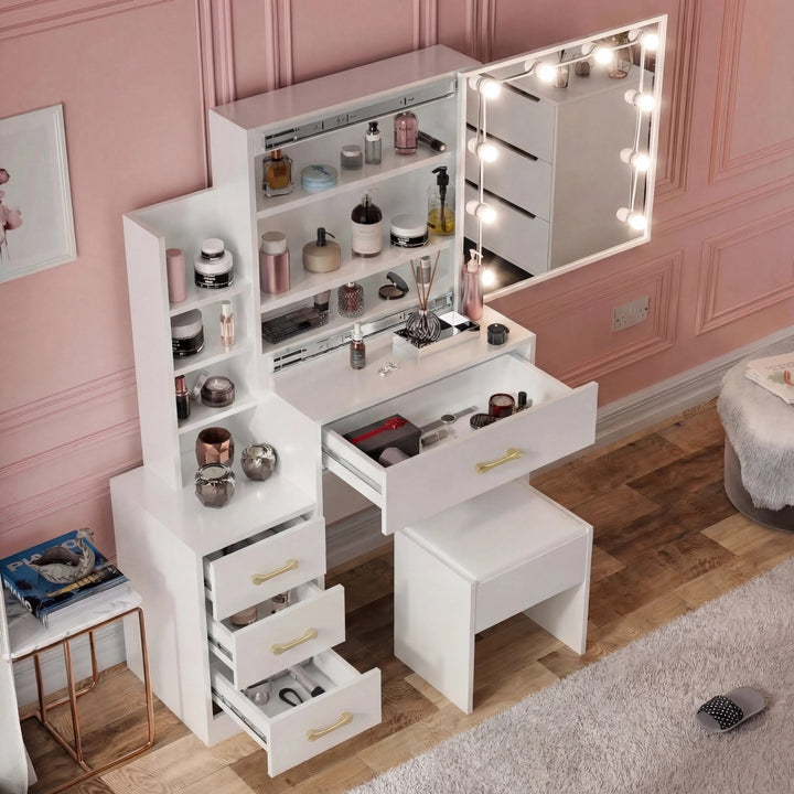 [White] Elevated angle of white gloss Hollywood mirror dressing table with three side drawers, central desktop drawer