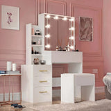[White] Three-quarter shot of white gloss Hollywood mirror dressing table showing gold handles and shelf tower