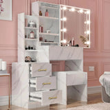 [White Marble] Angled view of white marble Hollywood mirror dressing table with three drawers pulled open showing depth
