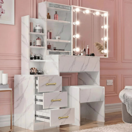 [White Marble] Angled view of white marble Hollywood mirror dressing table with three drawers pulled open showing depth