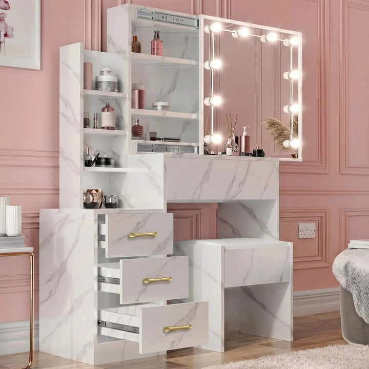 [White Marble] Angled view of white marble Hollywood mirror dressing table with three drawers pulled open showing depth