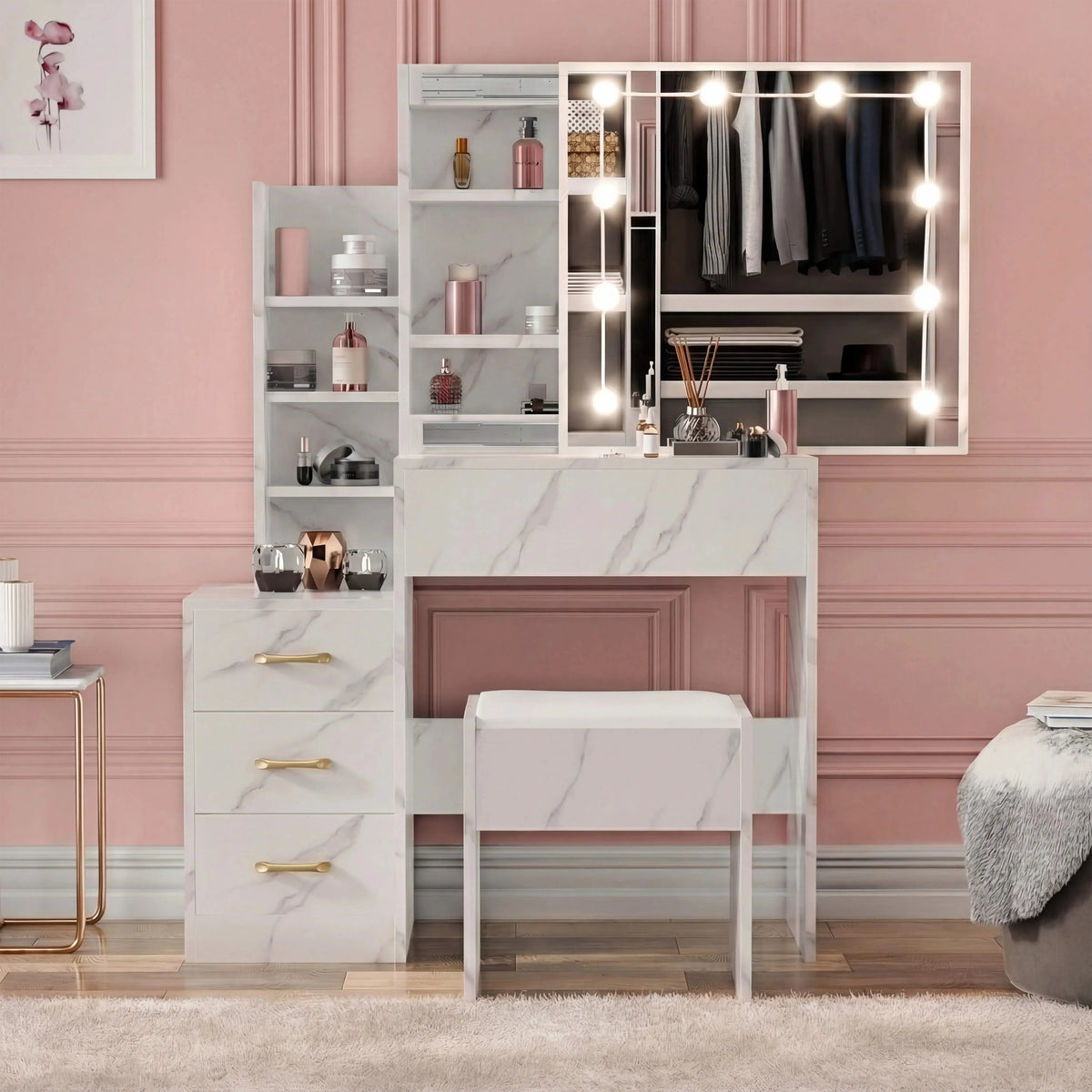 [White Marble] Angled view of white marble Hollywood mirror dressing table beside pink wall, full set with stool visible