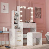 [White Marble] Front-angle of white marble Hollywood mirror dressing table with closed drawers and gold bar handles
